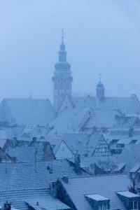 Germany, Baden-Württemberg, Karlsruhe, district Durlach, snowy old town roofs with the Protestant City church. Germany, Baden-Württemberg, Karlsruhe, district Durlach, snowy old town roofs with the Protestant City church.